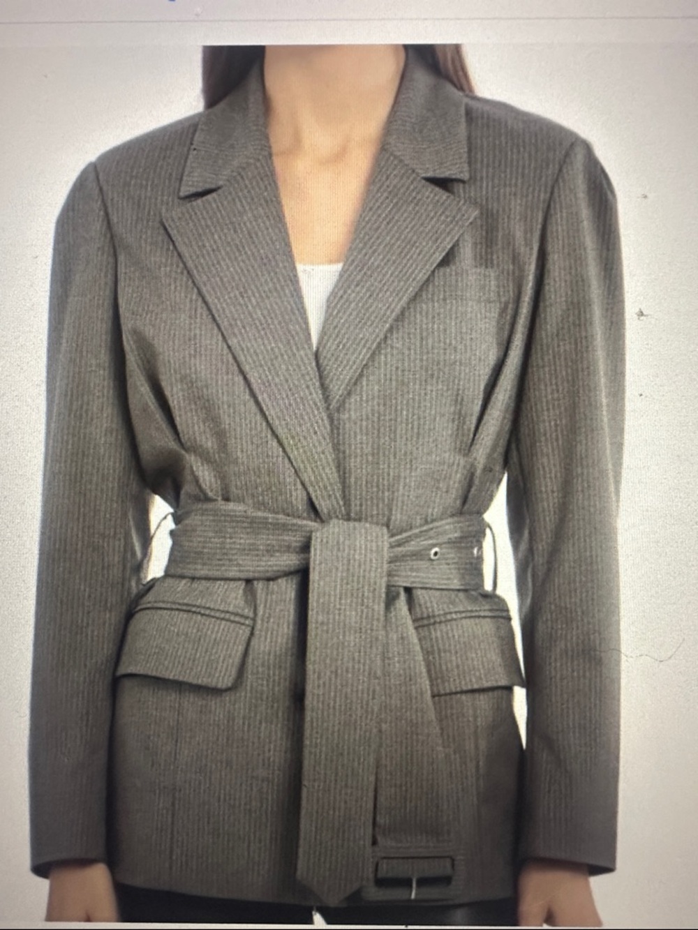 NWT Avec Les Filles Gray Pinstripe Belted Blazer